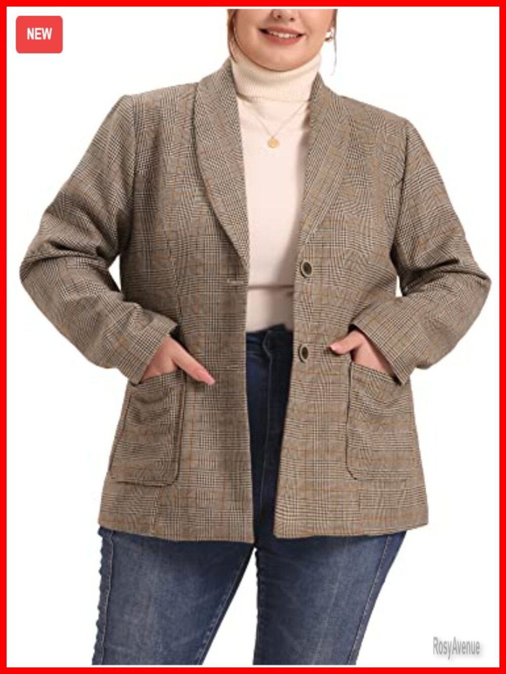 Plus Size Plaid Blazer Long Sleeve Button Work Office Jacket